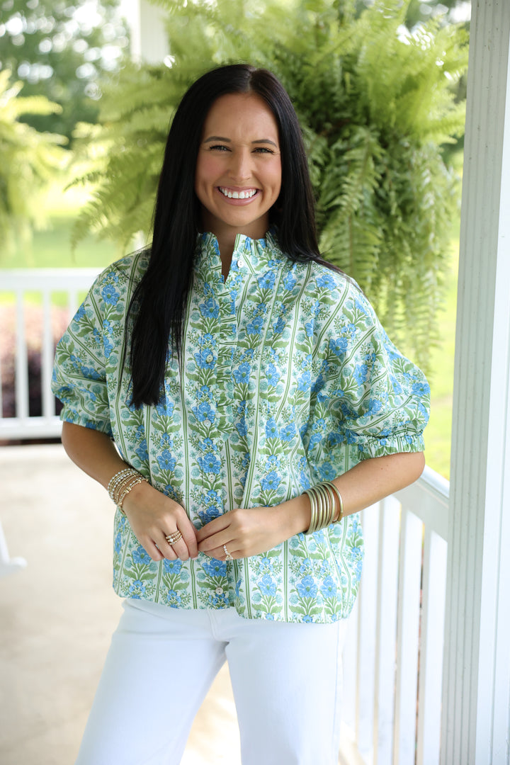 Botanical Print Short Dolman Sleeve Top "Blue"