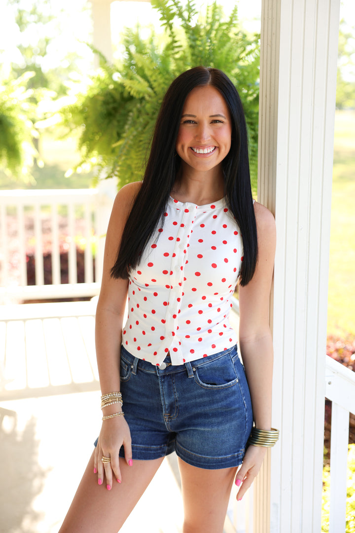 Sleeveless Round Neck Button Down Polka Dot Top "White/Red"