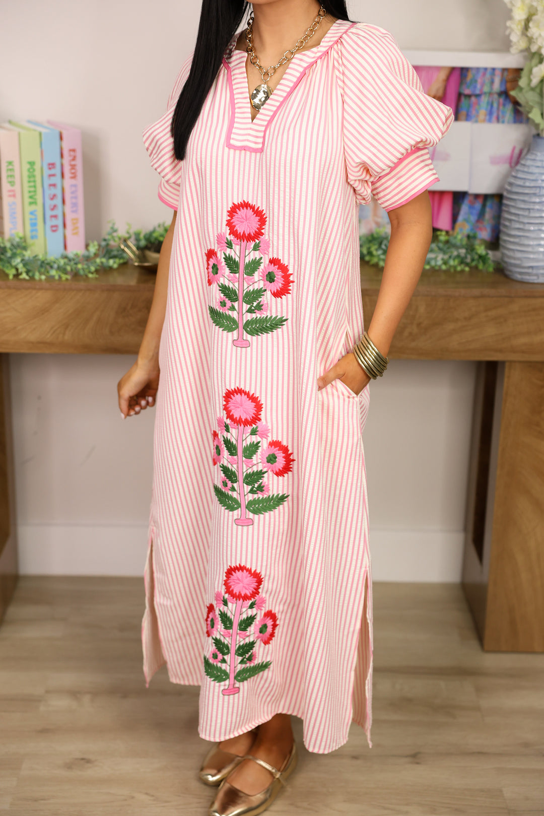 Sunday Stroll Stripe Floral Embroidery Dress "Pink"