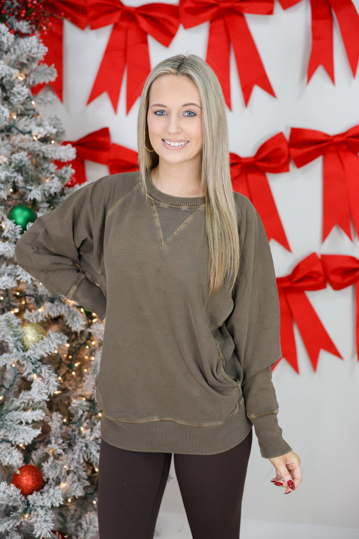 Pigment Dyed French Terry Pullover W/ Pockets "Brown"