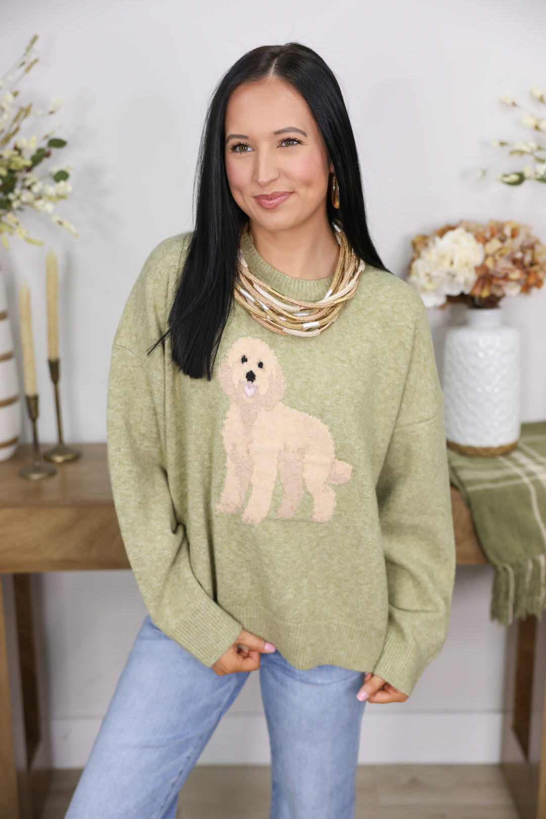 Golden Doodle Dog Graphic Oversized Crew Neck Sweater "Olive"
