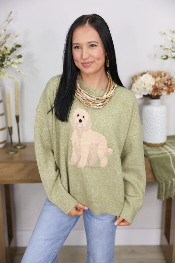 Golden Doodle Dog Graphic Oversized Crew Neck Sweater "Olive"