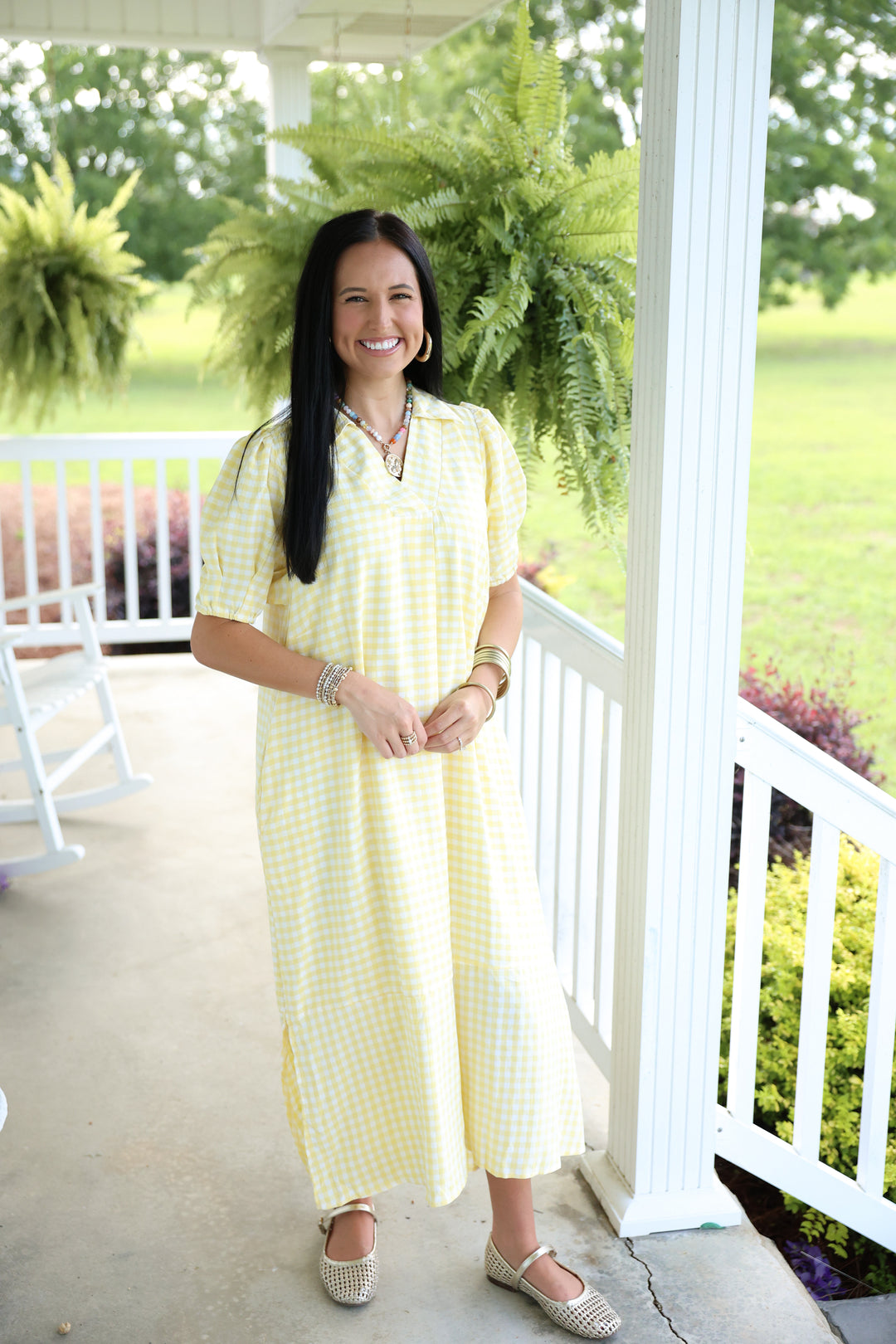 Open Collared Gingham Check Midi Dress "Lemon"