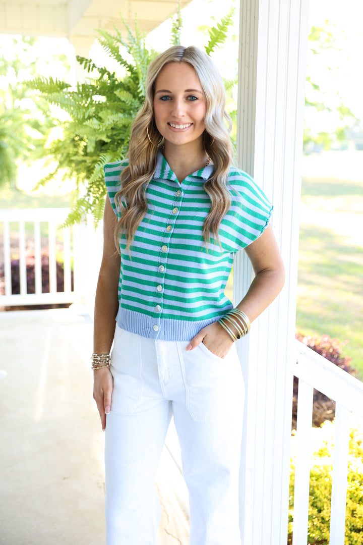 Striped Sleeveless Button Down Top "Blue"