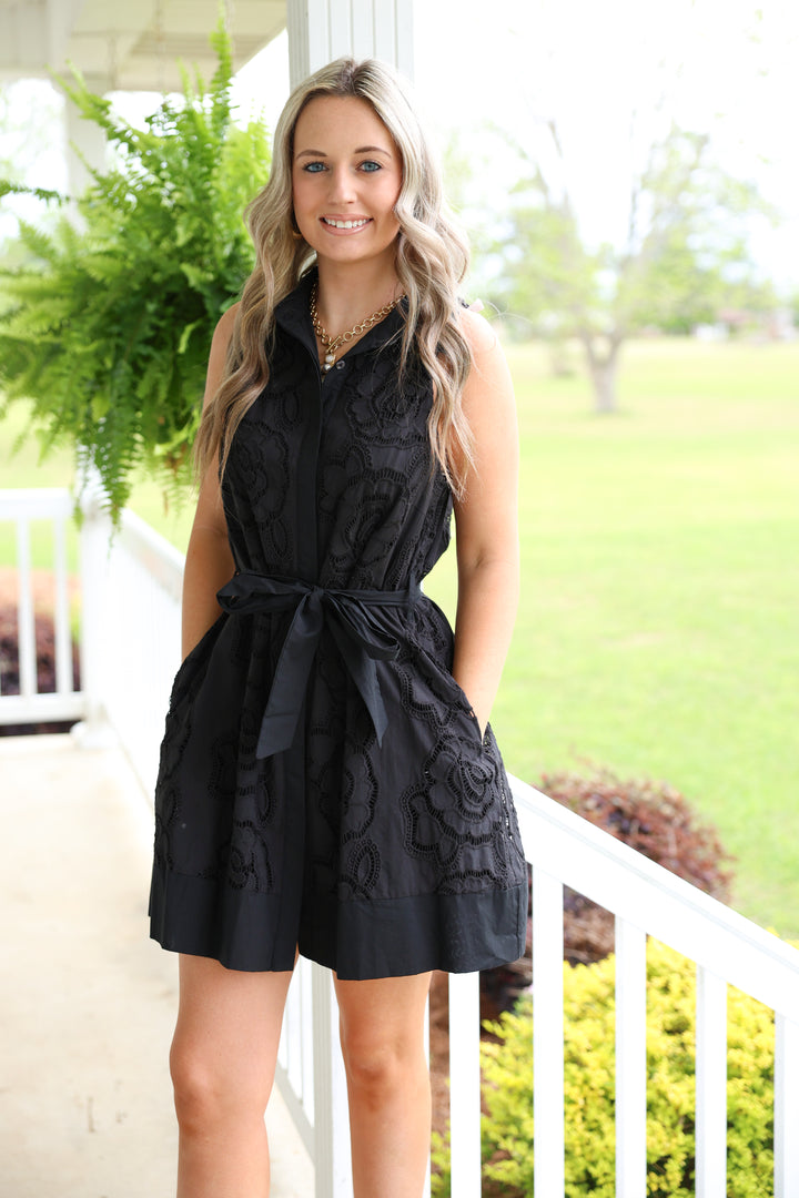 Floral Lace Overlay Solid Sleeveless Mini Dress "Black"