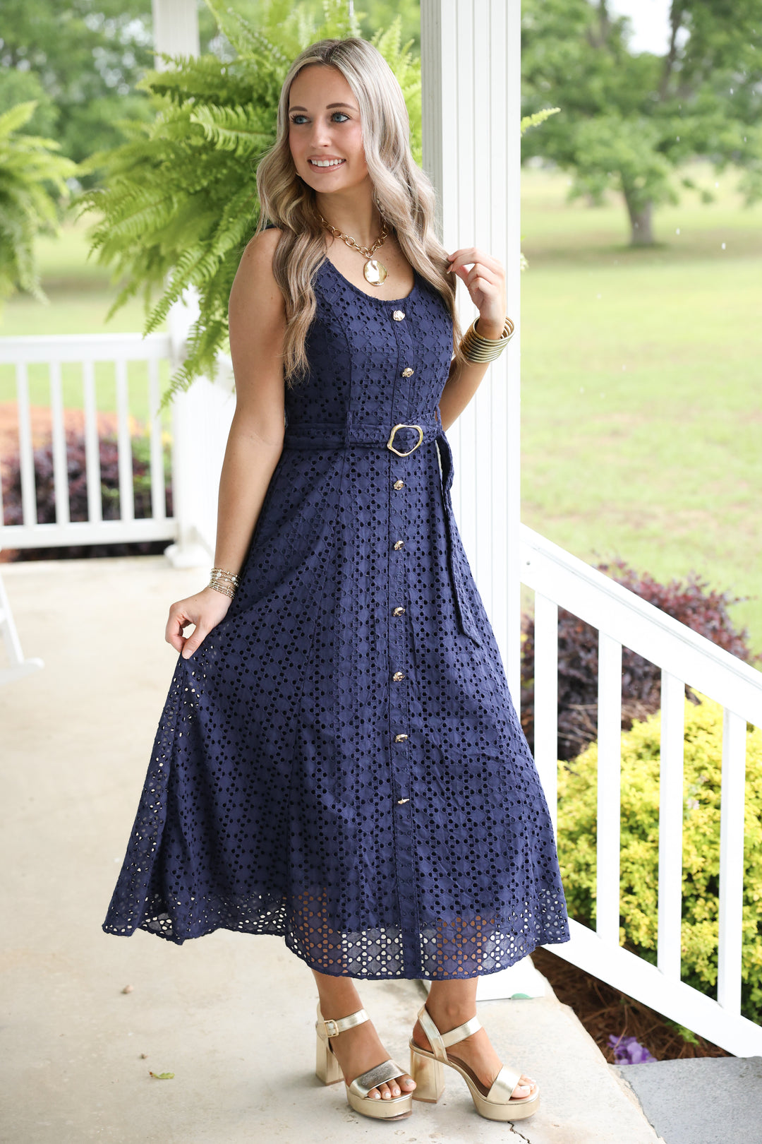 Everlasting Eyelet Sleeveless Midi Dress "Navy"