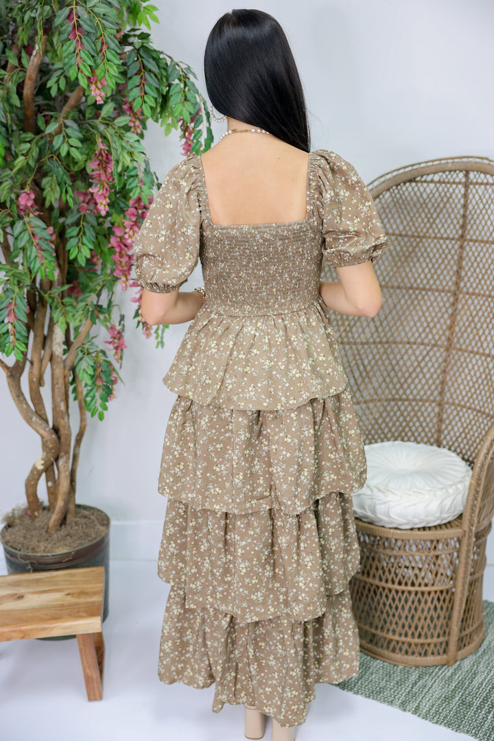 Fall Floral Smocked Midi Dress "Mocha"