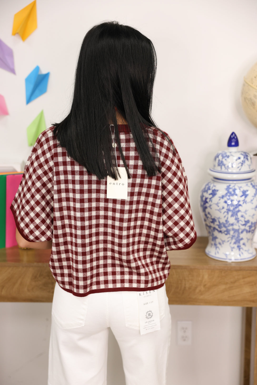 Gingham Sweater Top "Burgundy"