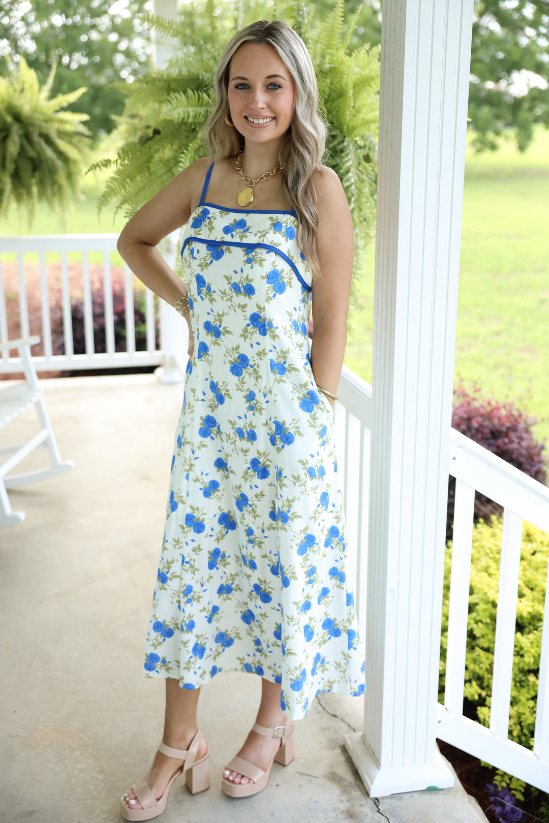 Floral Print Sleeveless Midi Dress "Ivory Blue"