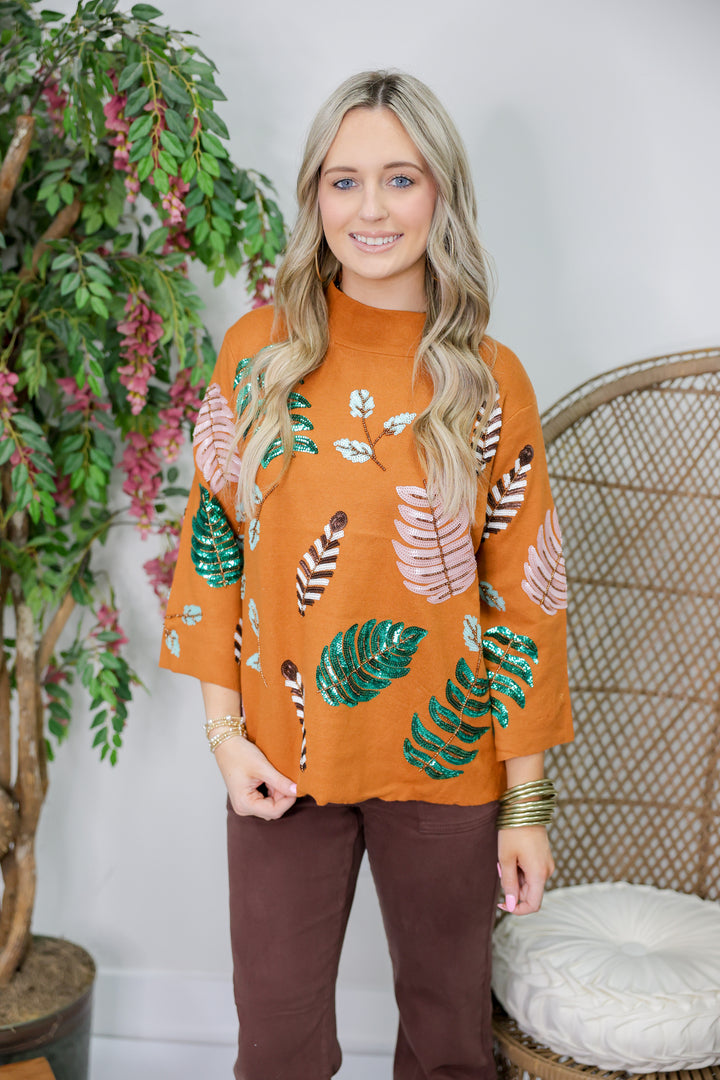 Sequin Embellished Mock Neck Sweater "Tan"