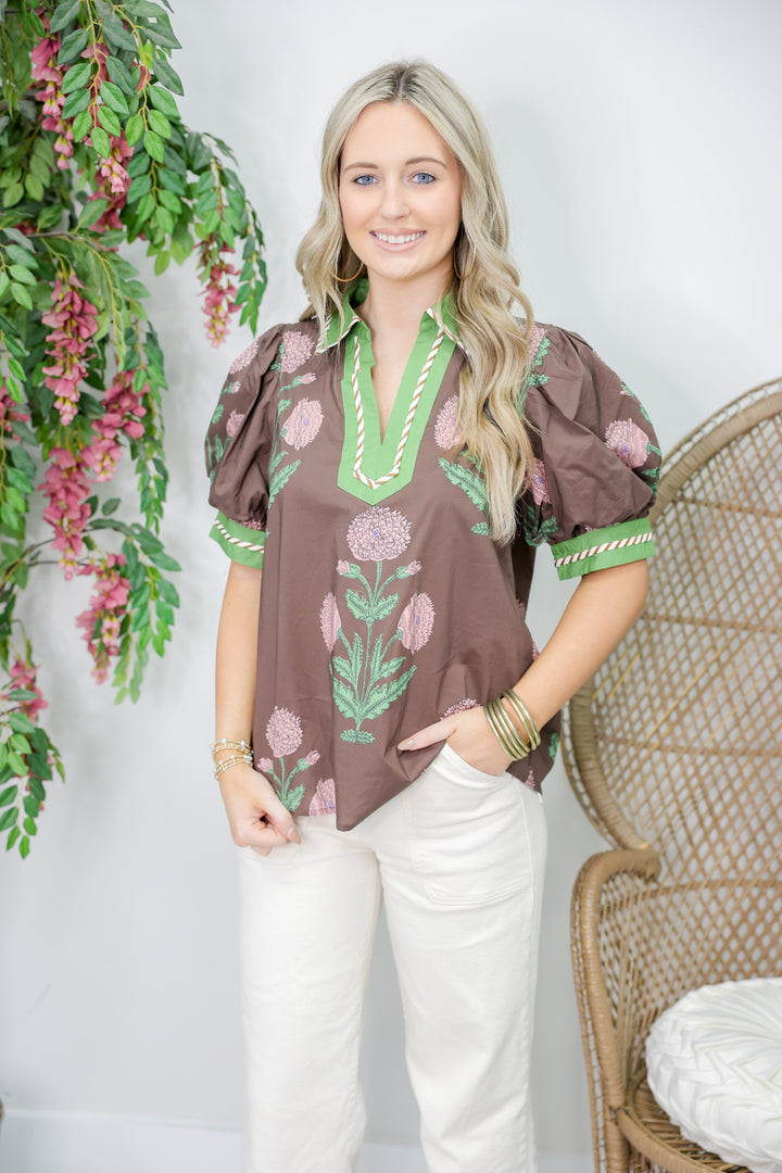 Floral Print Bubble Sleeve Top "Brown"