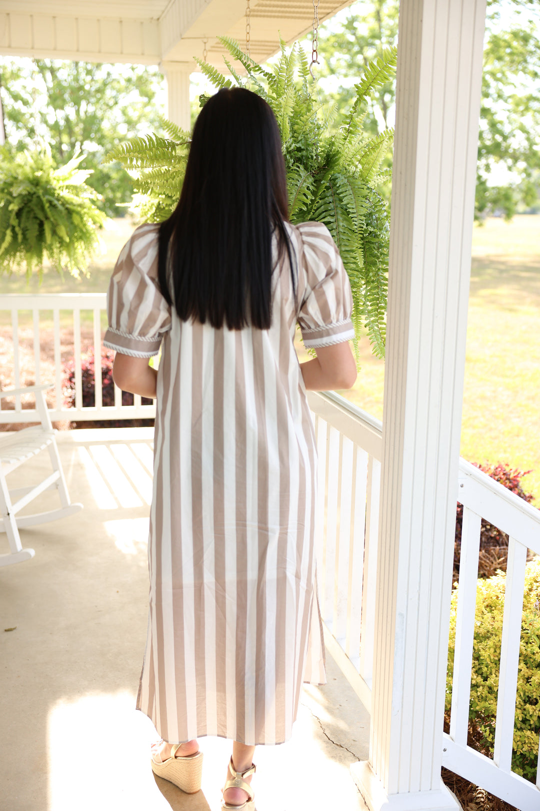 Seaside Striped Print Short Puff Sleeve Midi Dress "Taupe"