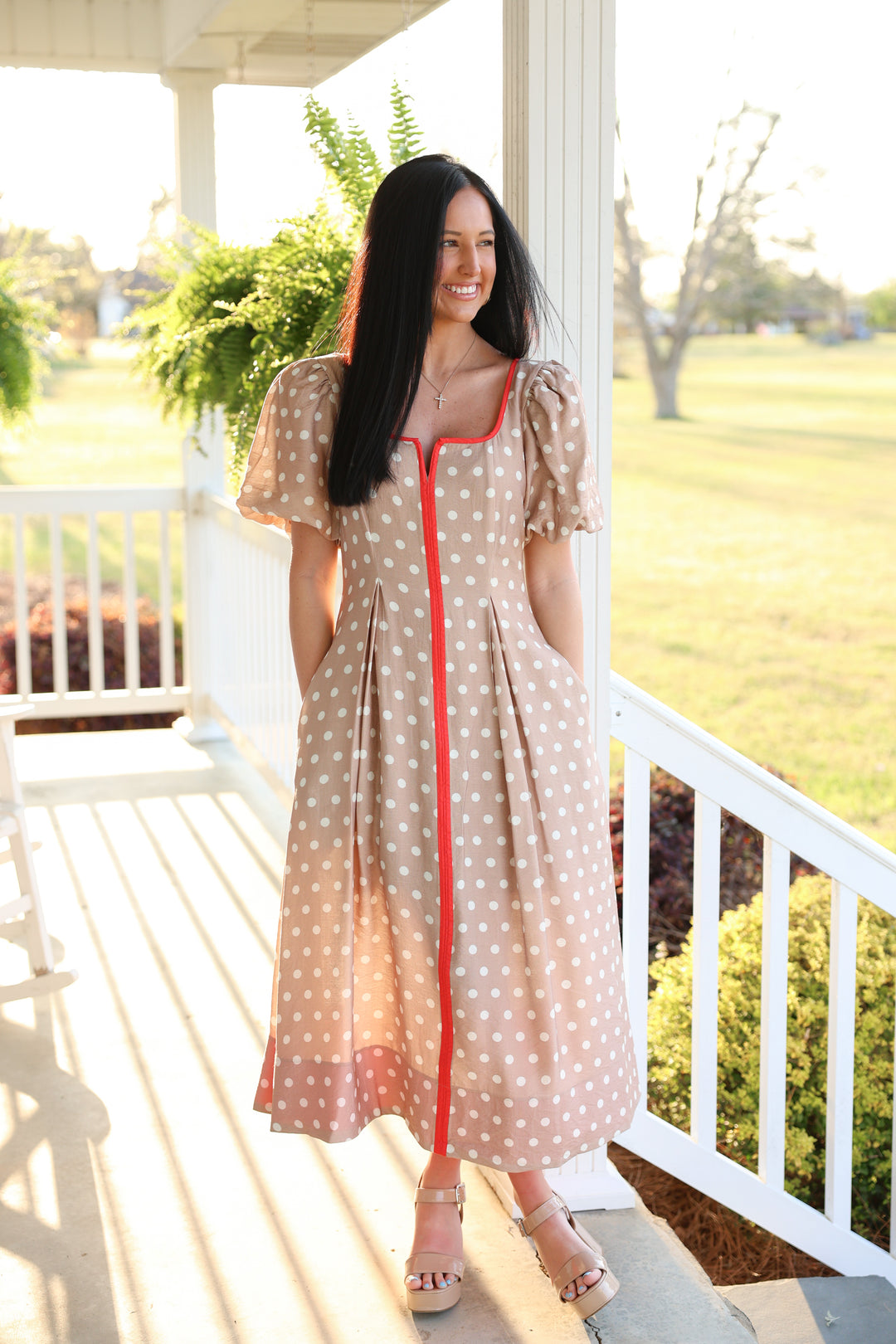 Polka Dot Short Puff Sleeve Midi Dress "Sand"