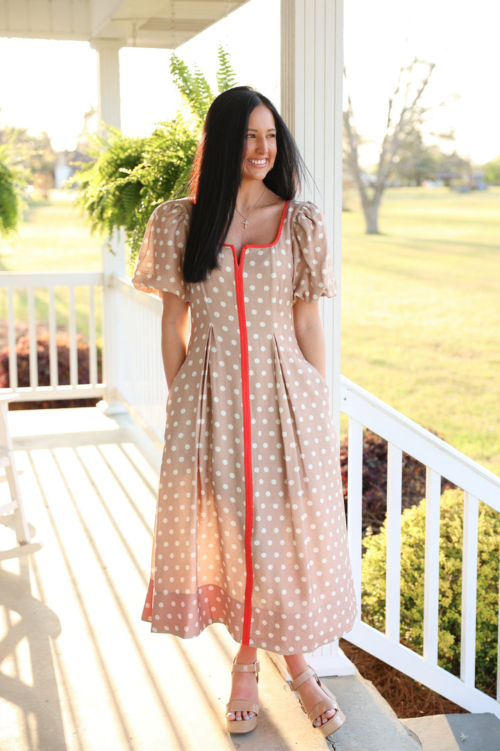 Polka Dot Short Puff Sleeve Midi Dress "Sand"