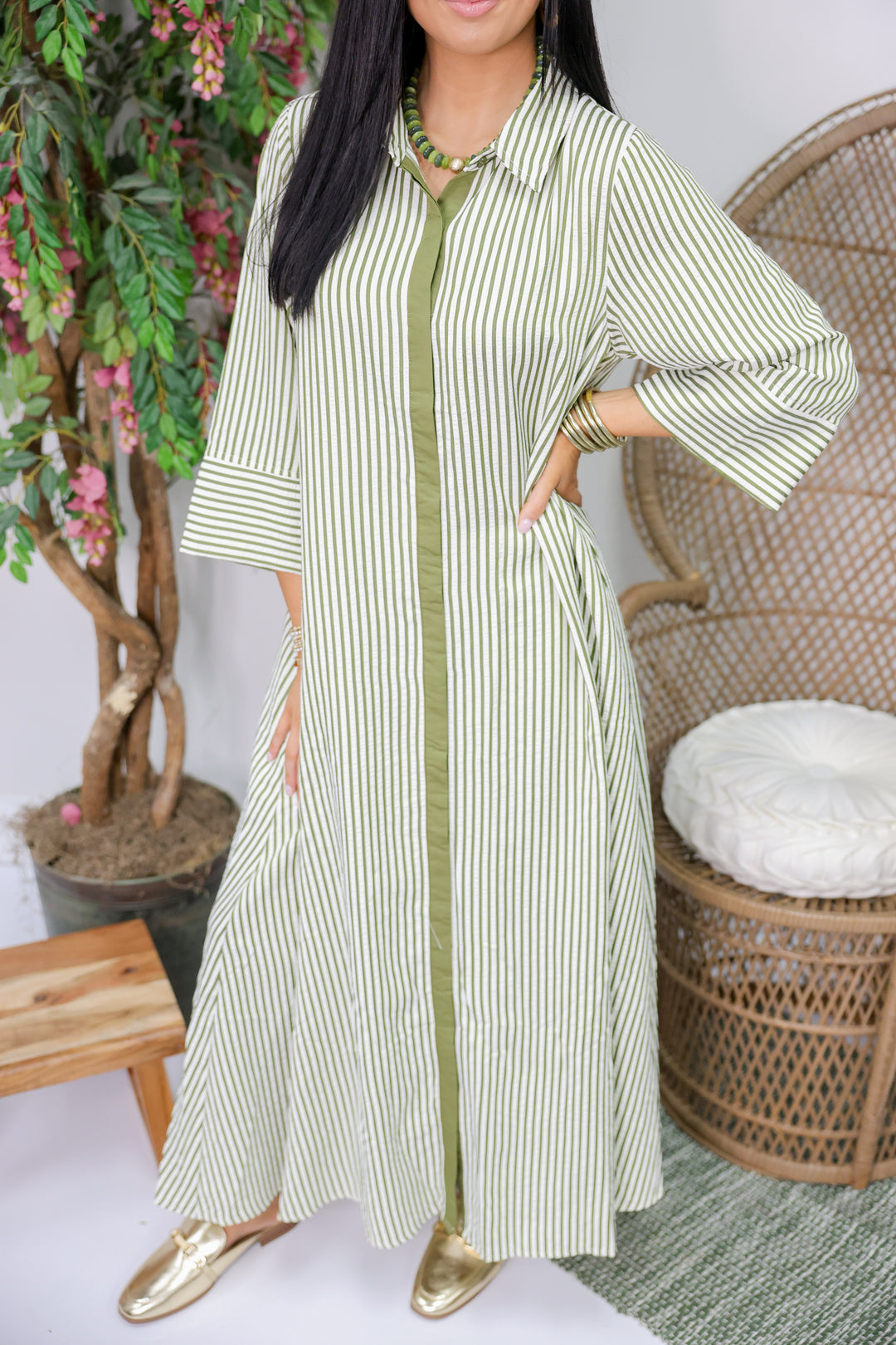Sarah Striped 3/4 Sleeve Midi Dress "Olive"