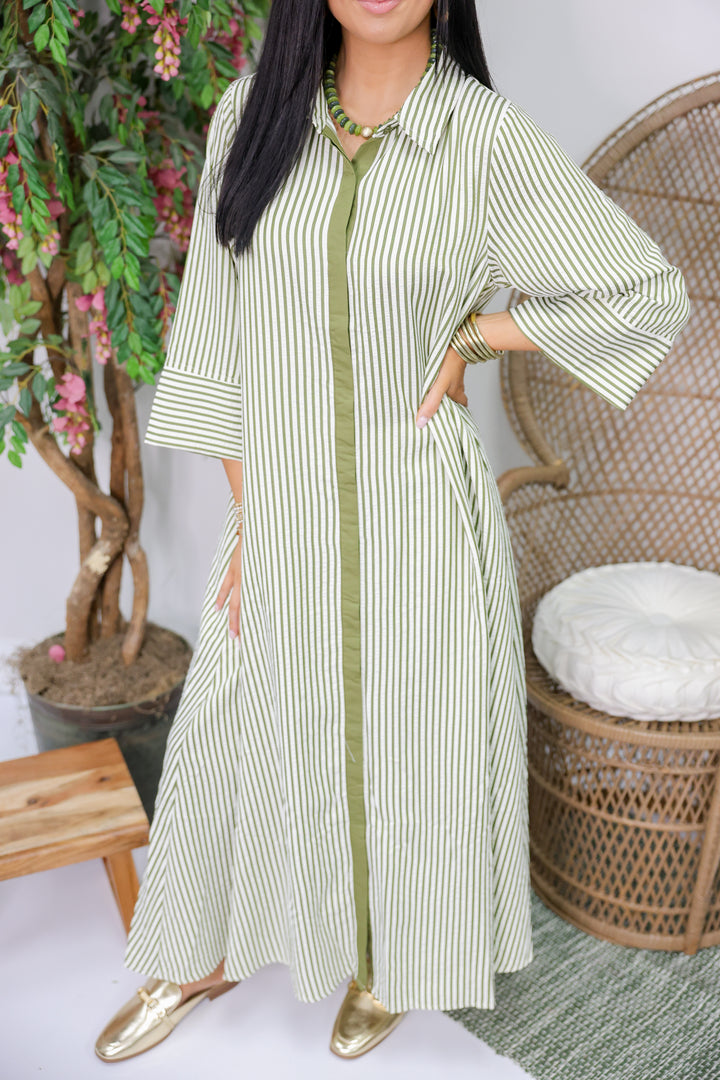 Sarah Striped 3/4 Sleeve Midi Dress "Olive"