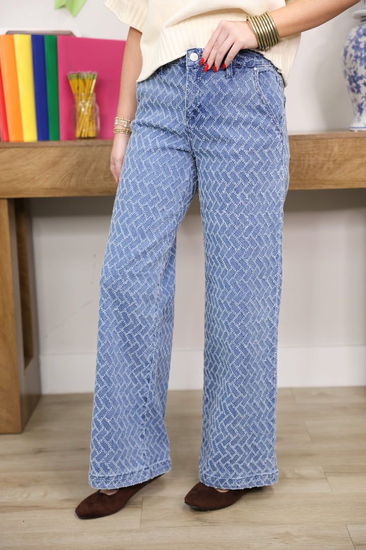 Risen - High Rise Wide Leg Textured Pattern Jeans