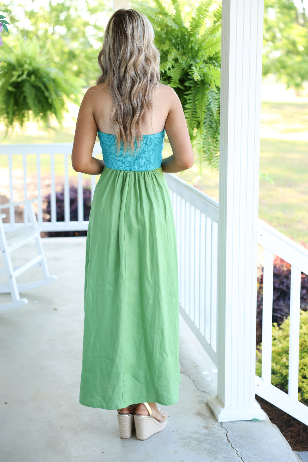 Mei Contrast Strapless Linen Maxi Dress "Aqua Blue/Green"