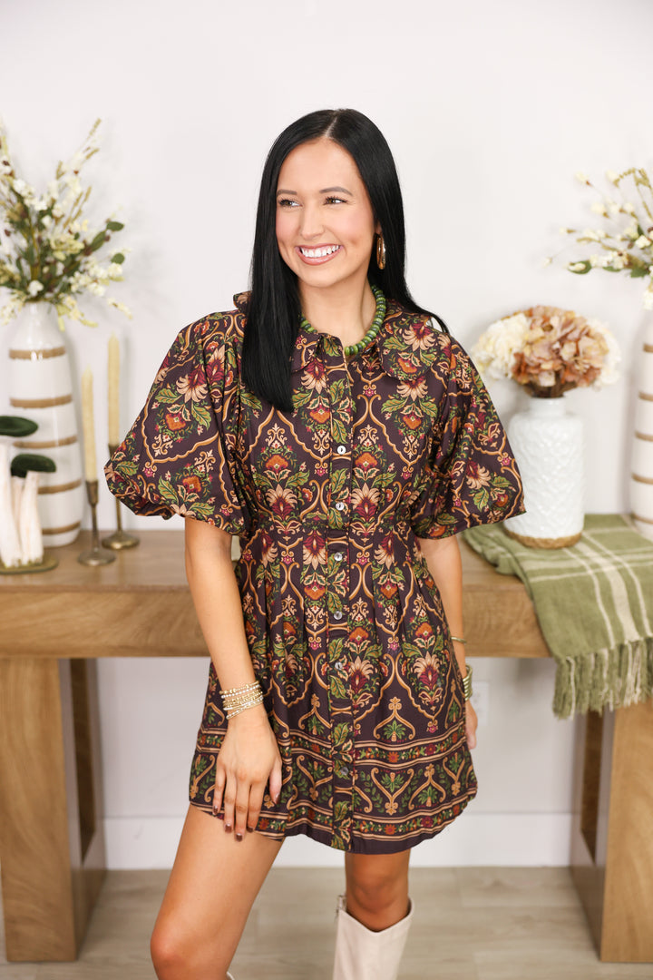 Veda Paisley Puff Sleeve Dress "Chocolate Multi"
