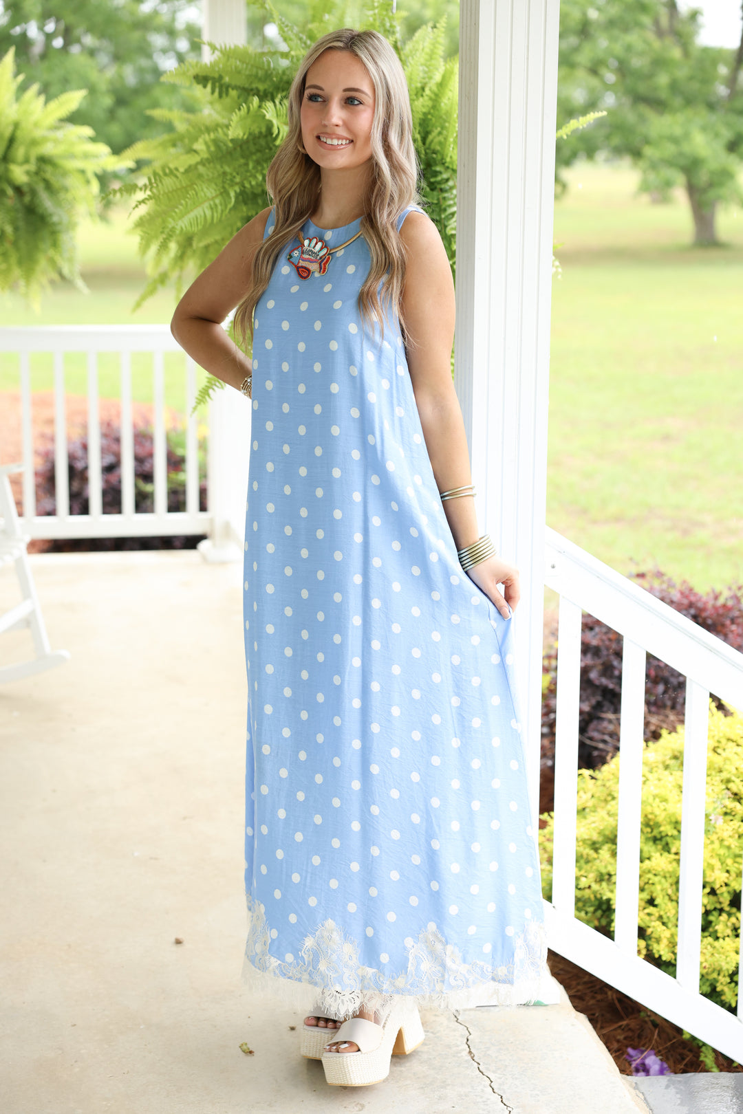 Polka Dot Sleeveless Midi Dress W/ Lace Trim Hem "Blue"