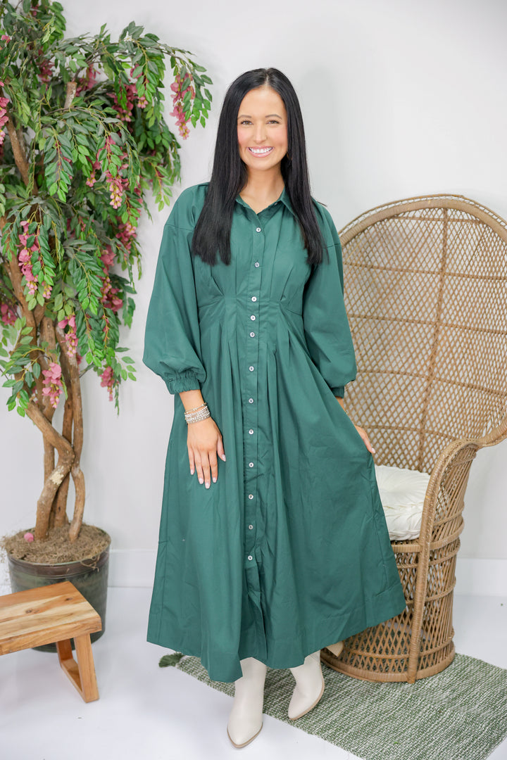 Mary Solid Long Sleeve Midi Dress "H Green"