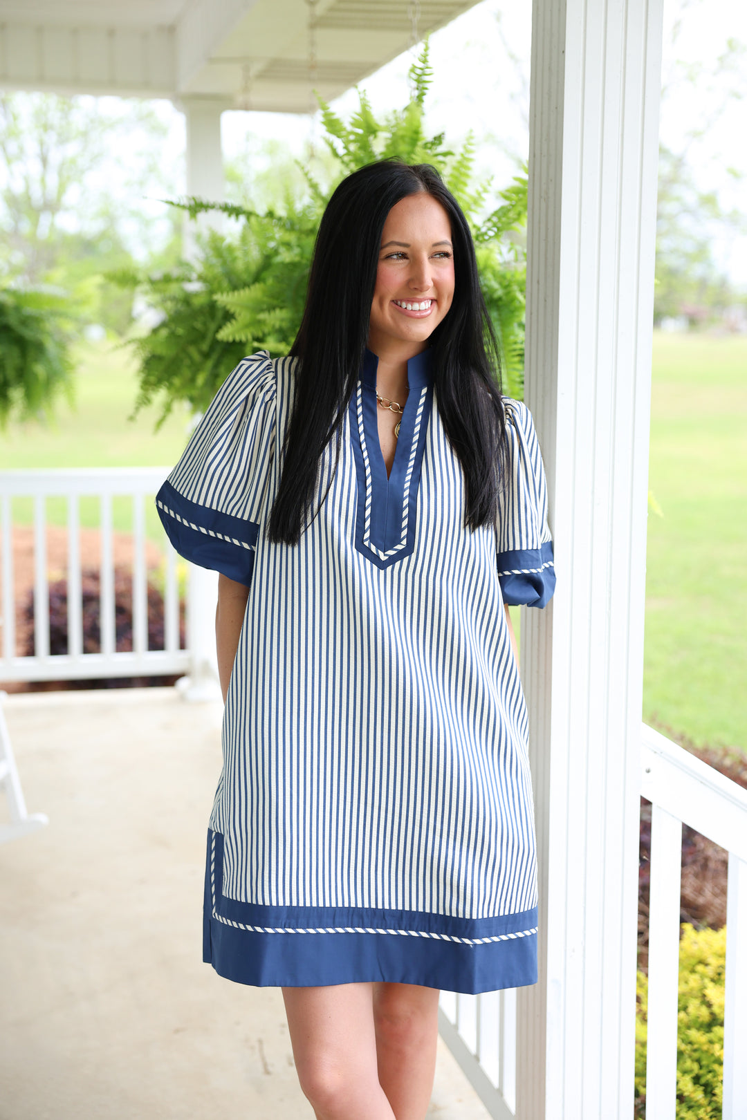 Sassy Stripes Puff Sleeve Dress "Indigo"