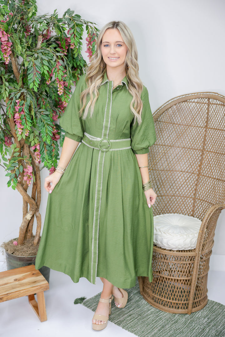 Anne Solid Short Puff Sleeve Midi Dress "Olive"