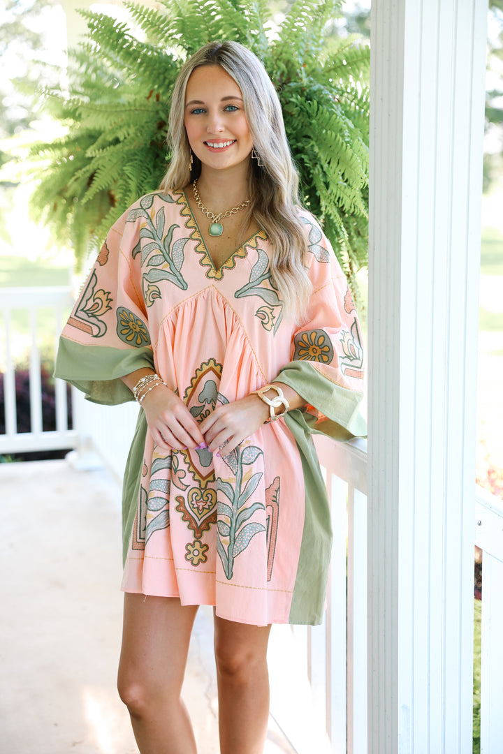 Floral Embroidered V-Neck Mini Dress "Salmon/Sage"