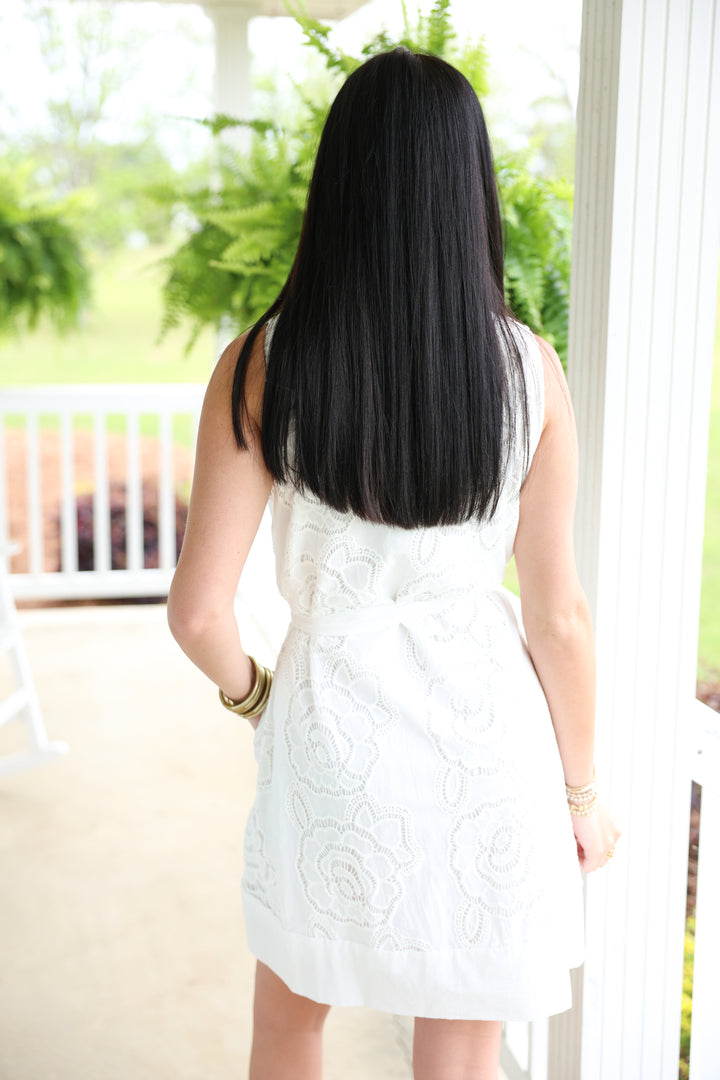 Floral Lace Overlay Solid Sleeveless Mini Dress "Off White"