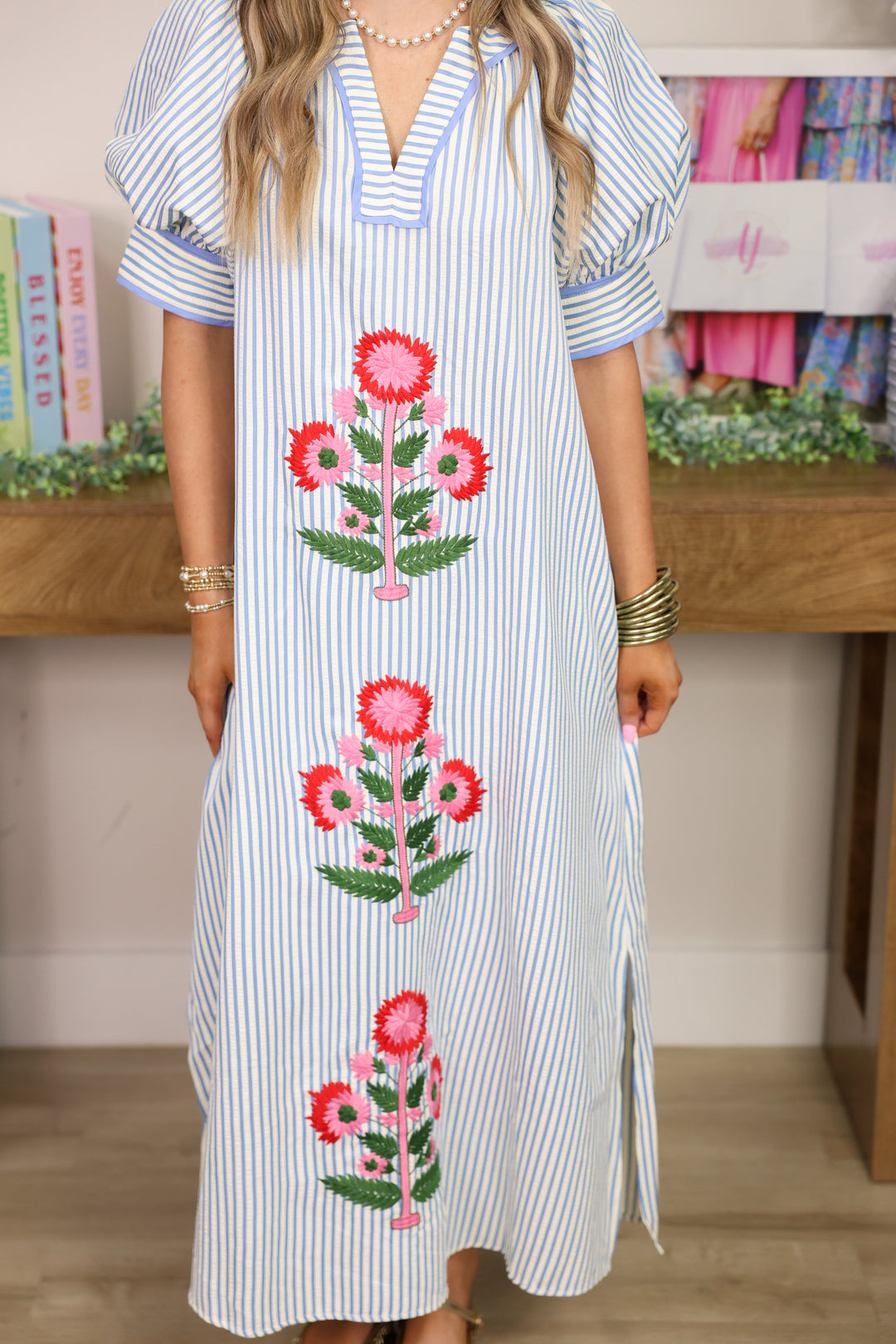 Sunday Stroll Stripe Floral Embroidery Dress "Blue"