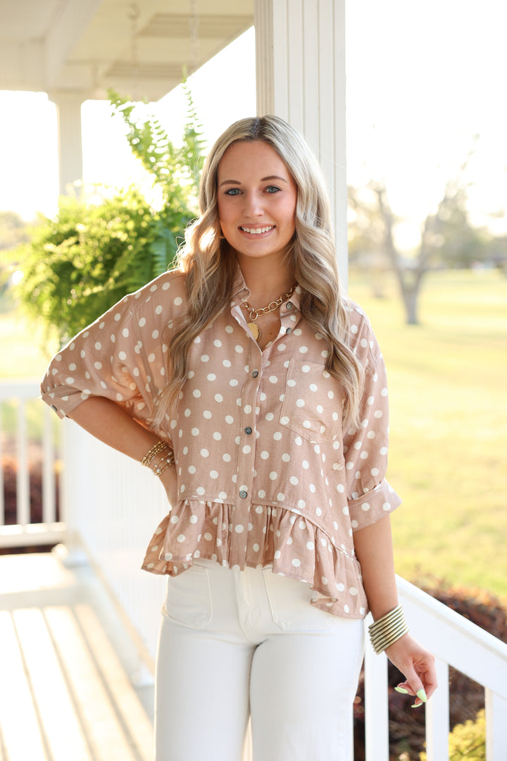 Polka Dot Short Sleeve Button Down Top "Sand"