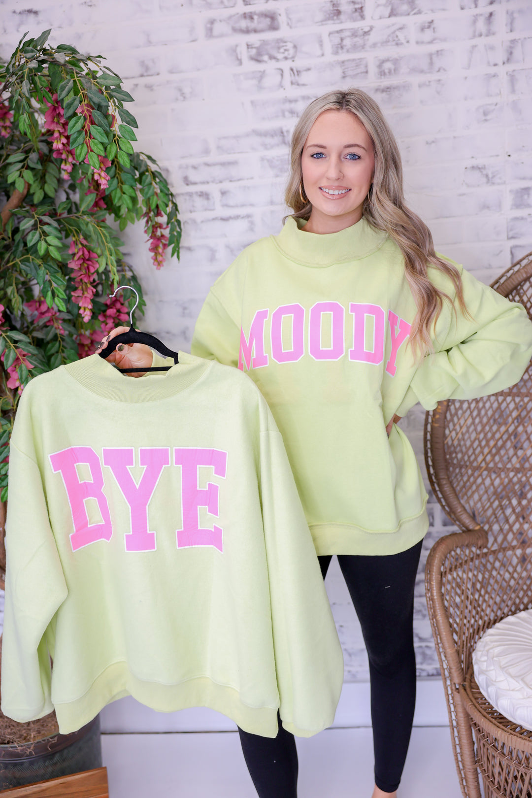 'MOODY & BYE' Reversible Mock Neck Sweatshirt "Lime/Pink"