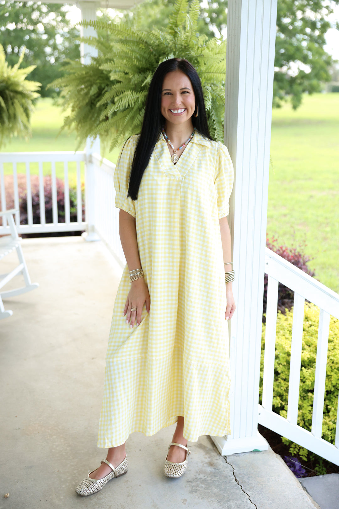 Open Collared Gingham Check Midi Dress "Lemon"