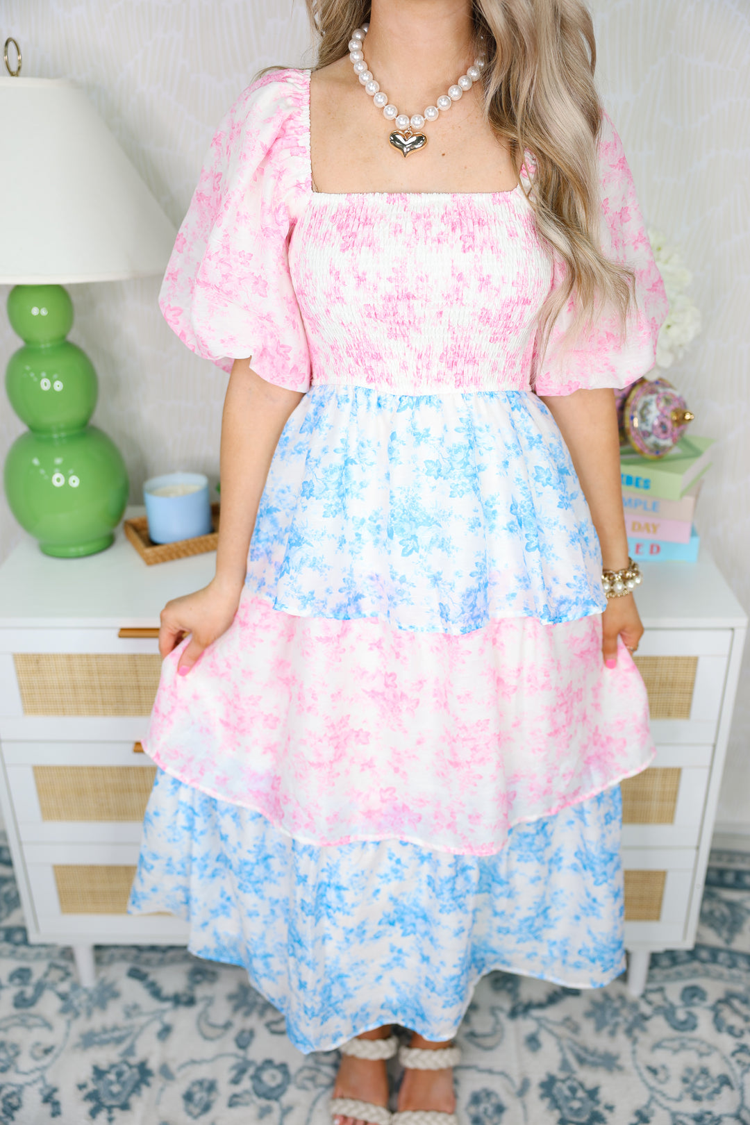 Tiered Smocked Midi Dress "Pink/Blue"