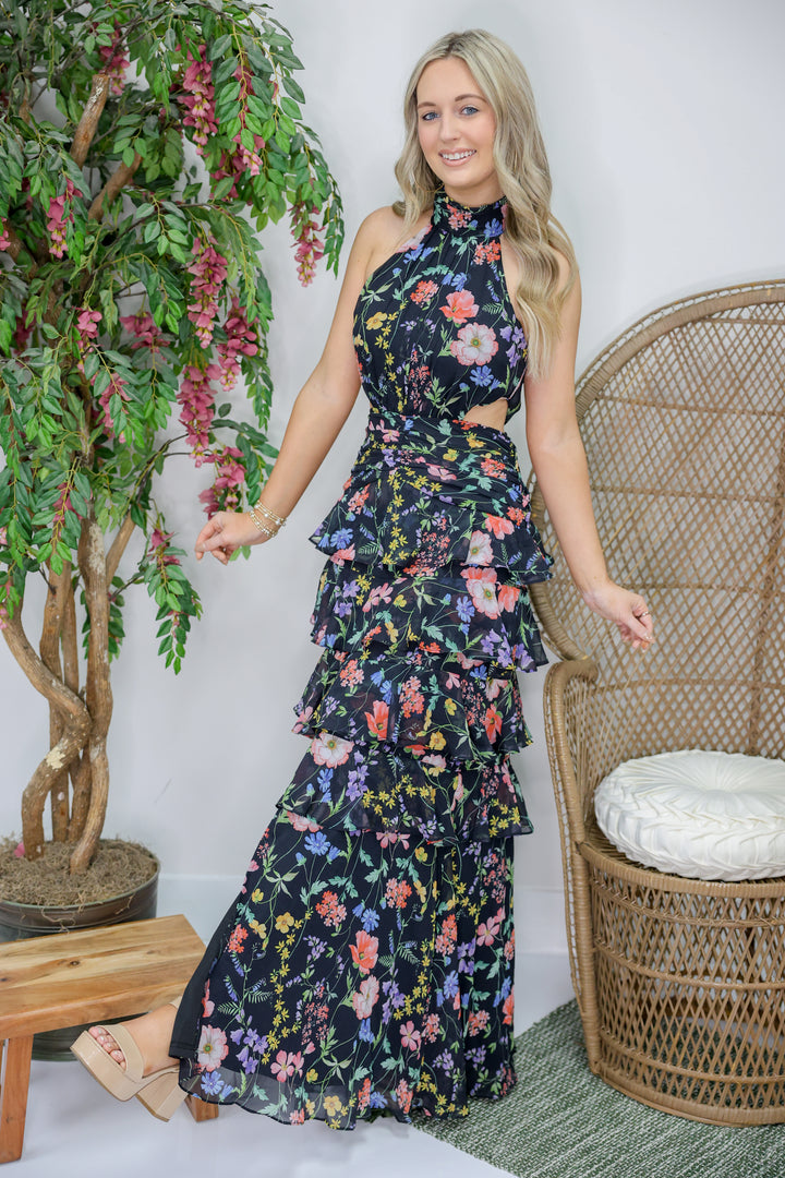 High Neck Halter Waist Cut Out Ruffle Maxi Dress "Black Floral"