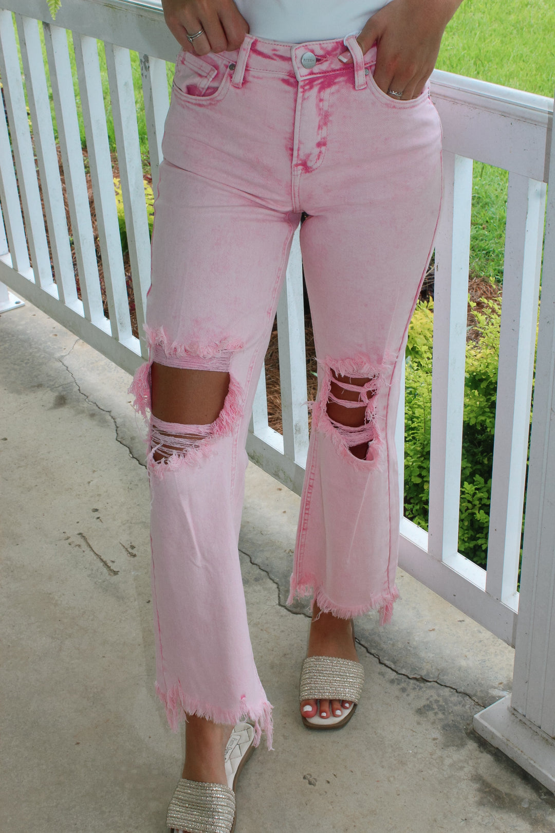 Kellie High Rise Crop Distressed Pants "Acid Pink"