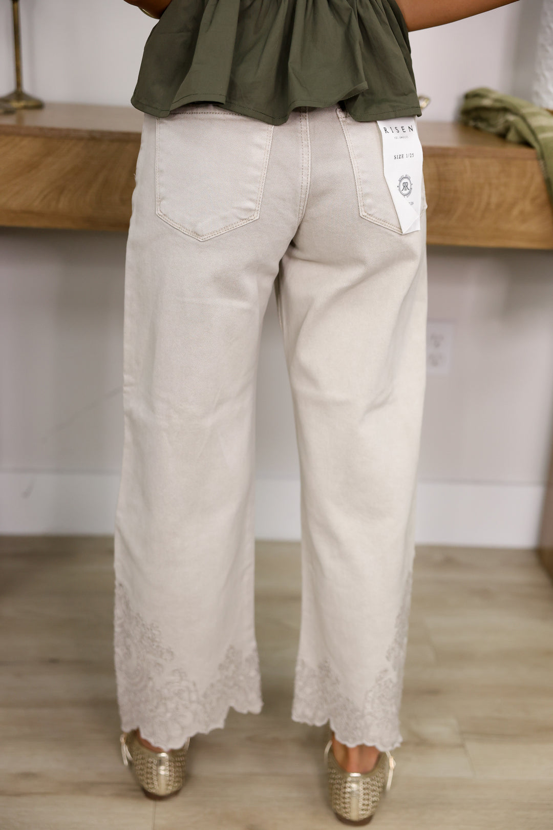 Risen -High Rise Crop Barrel Embroidered Hem Pants "Almond"