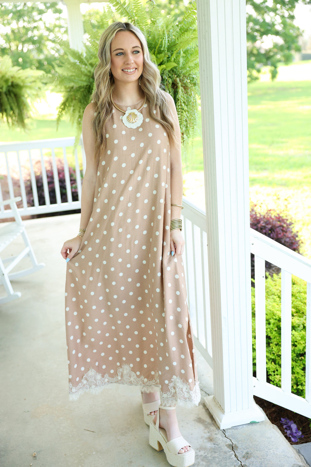 Polka Dot Sleeveless Midi Dress W/ Lace Trim Hem "Latte"