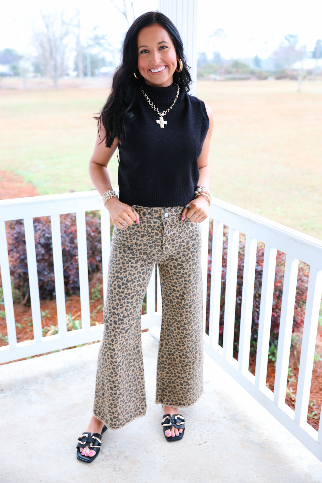 Mid Rise Leopard Twill Denim Frayed Hem Wide Leg Pants