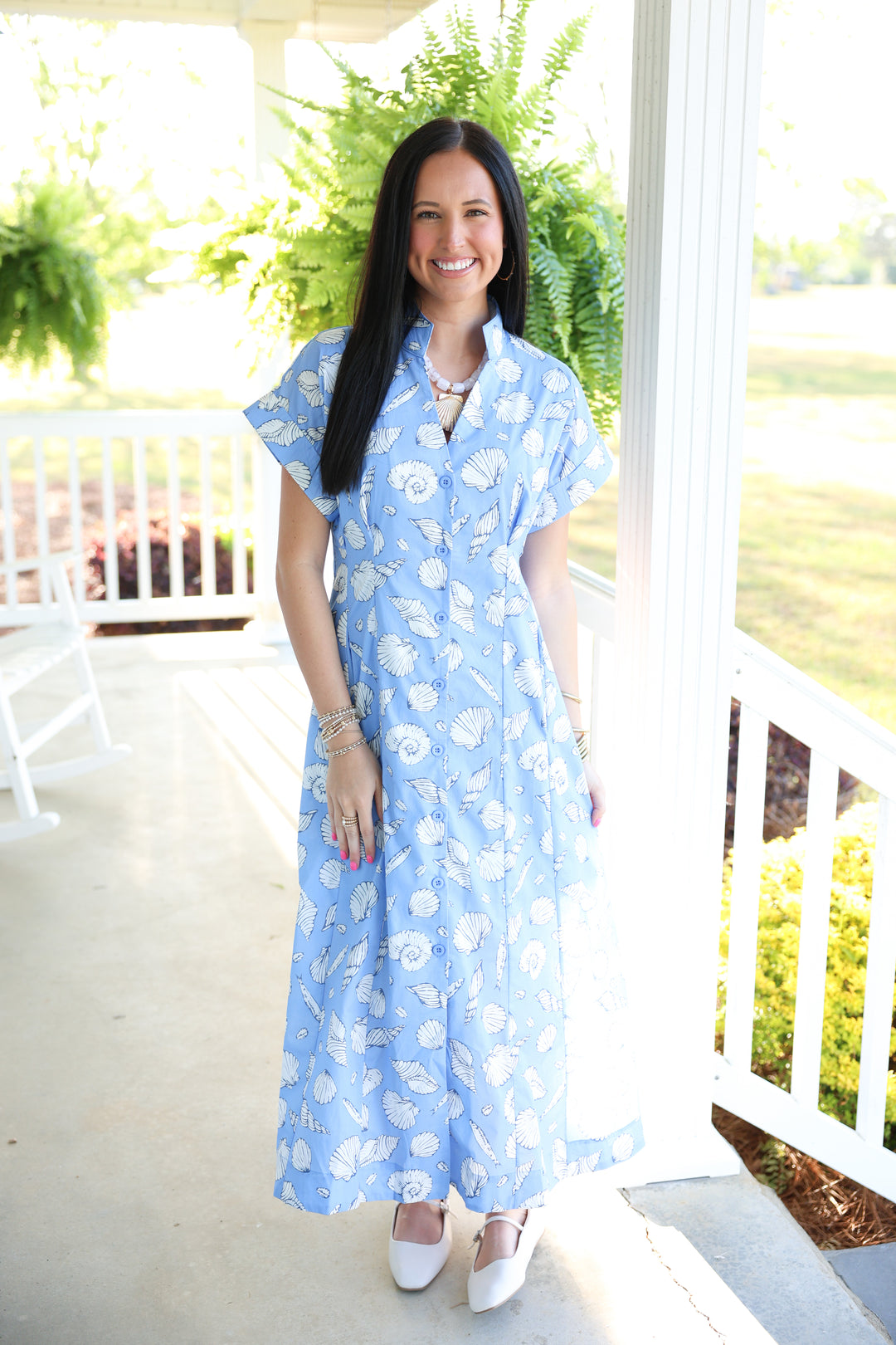 Shell Print Short Sleeve Midi Dress "Blue"