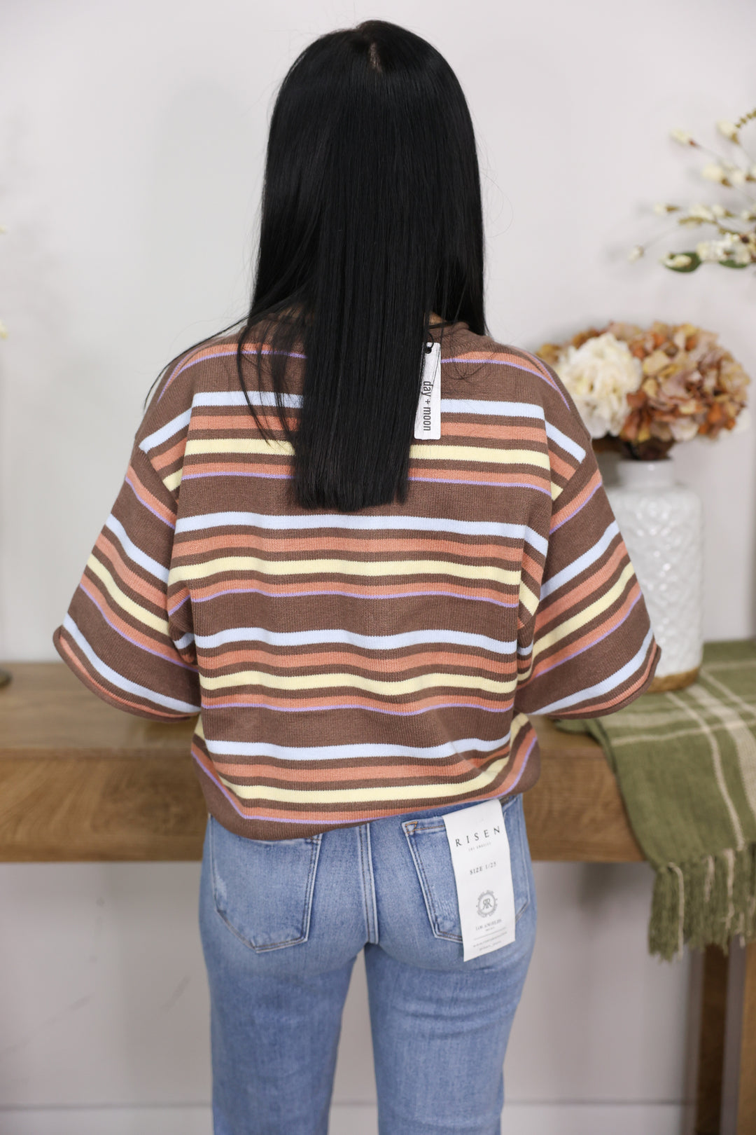 Striped Short Sleeve Sweater Knit Top "Brown Multi"