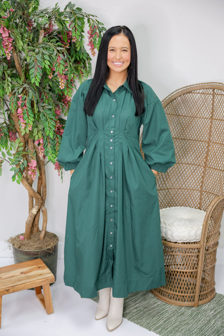 Mary Solid Long Sleeve Midi Dress "H Green"