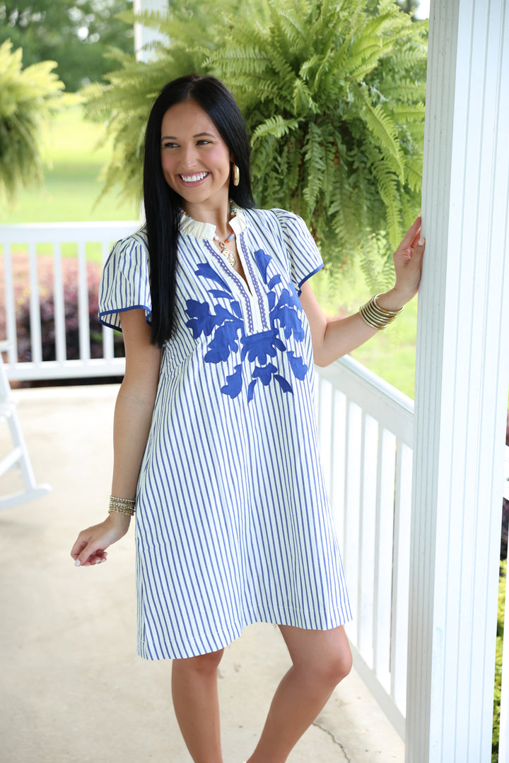 Stripe Ruffle Neck Dress W/ Abstract Applique "Blue"