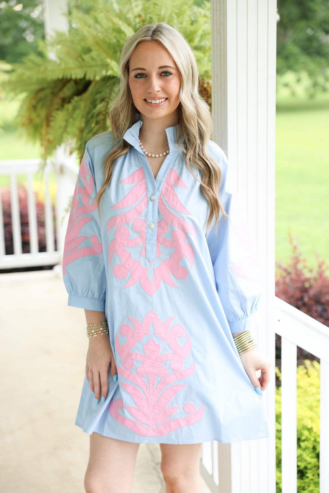 3/4 Sleeve Baroque Applique Detail Shift Dress Powder Blue Medium