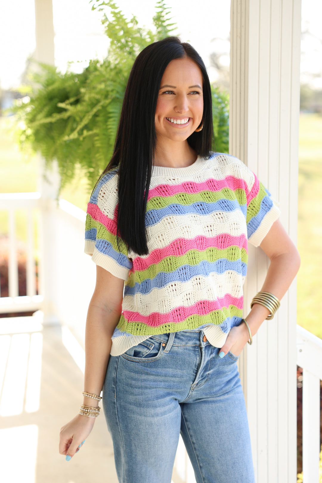 Retro Summer Multi Stripe Textured Crochet Sweater Top