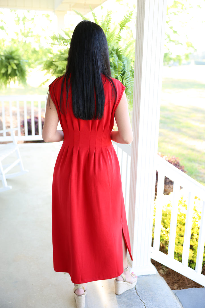 Solid Cap Sleeve W/ Pintuck Waist Midi Dress "Red"