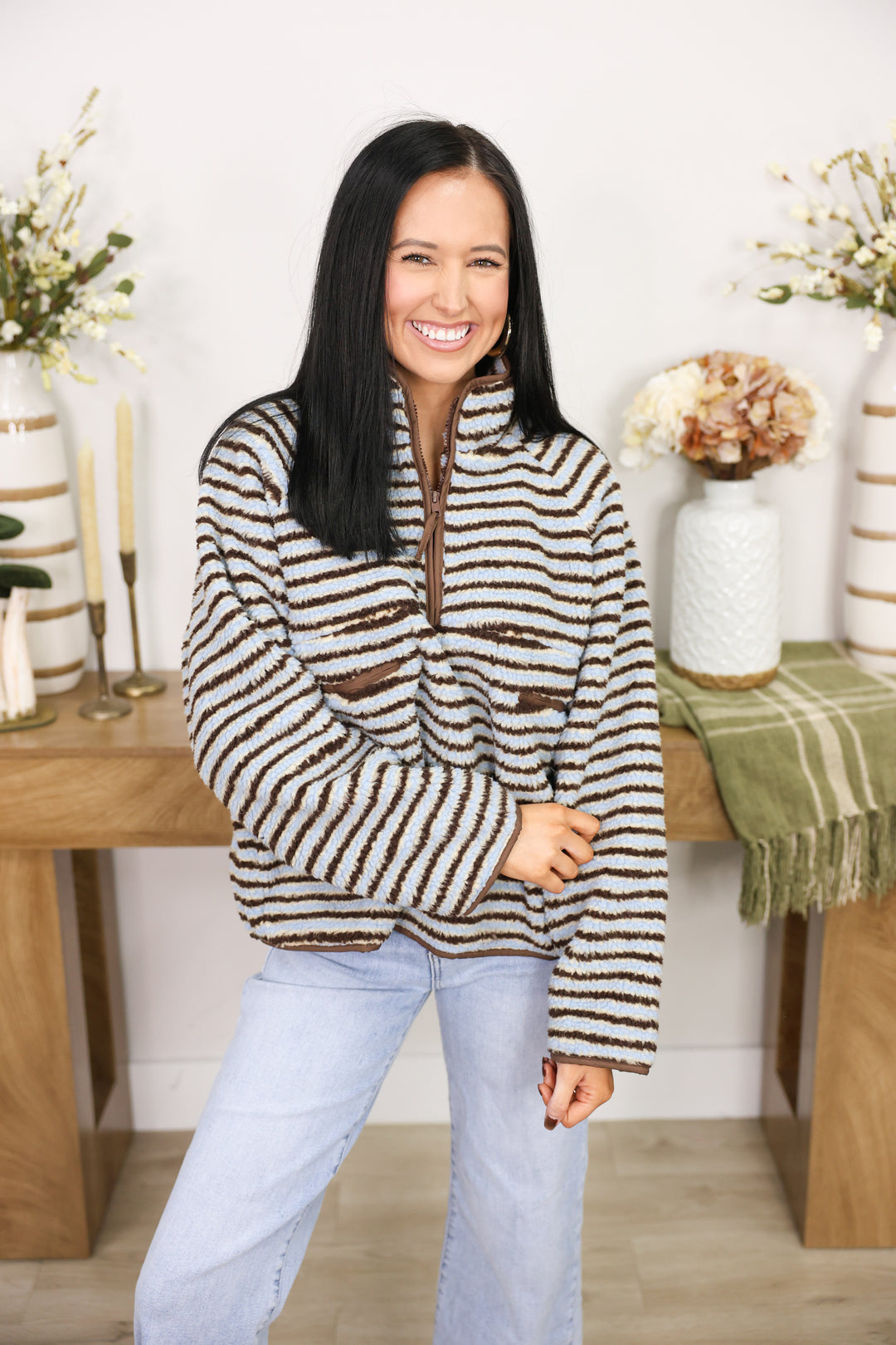 Striped Sherpa Half Zip Jacket "Blue"