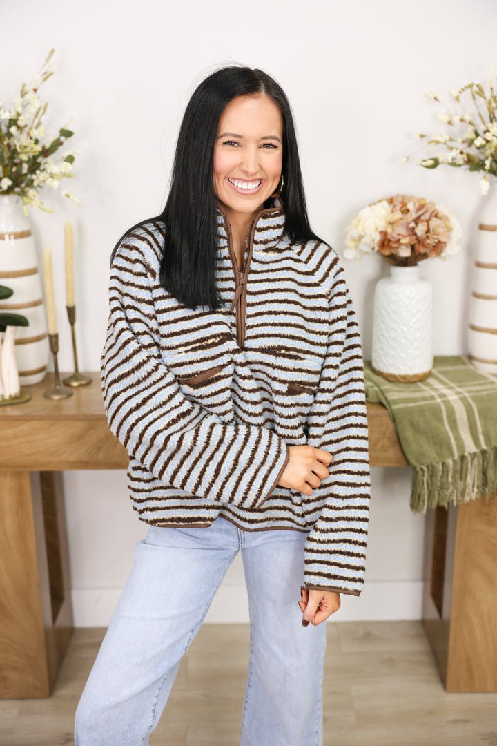 Striped Sherpa Half Zip Jacket "Blue"