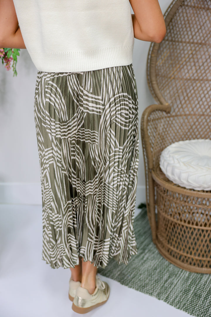 Abstract Printed Accordion Pleated Midi Skirt "Olive Grove"