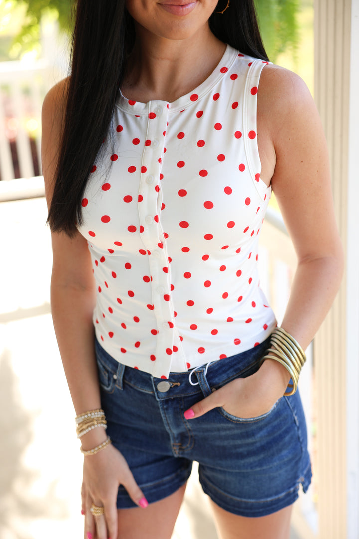 Sleeveless Round Neck Button Down Polka Dot Top "White/Red"
